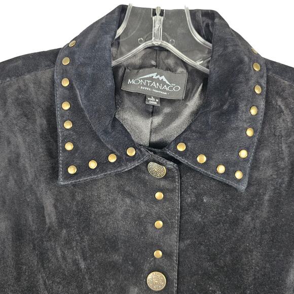 Montanaco black suede Western collared vest scalloped hem studs Large - Picture 2 of 7
